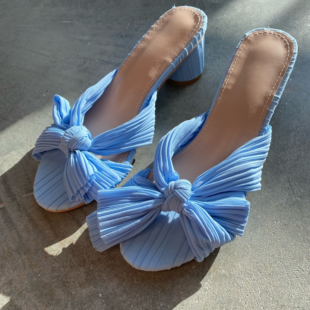Light Blue Thick Heel Satin Bow